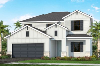 Modern two-story house with white siding and dark garage doors.