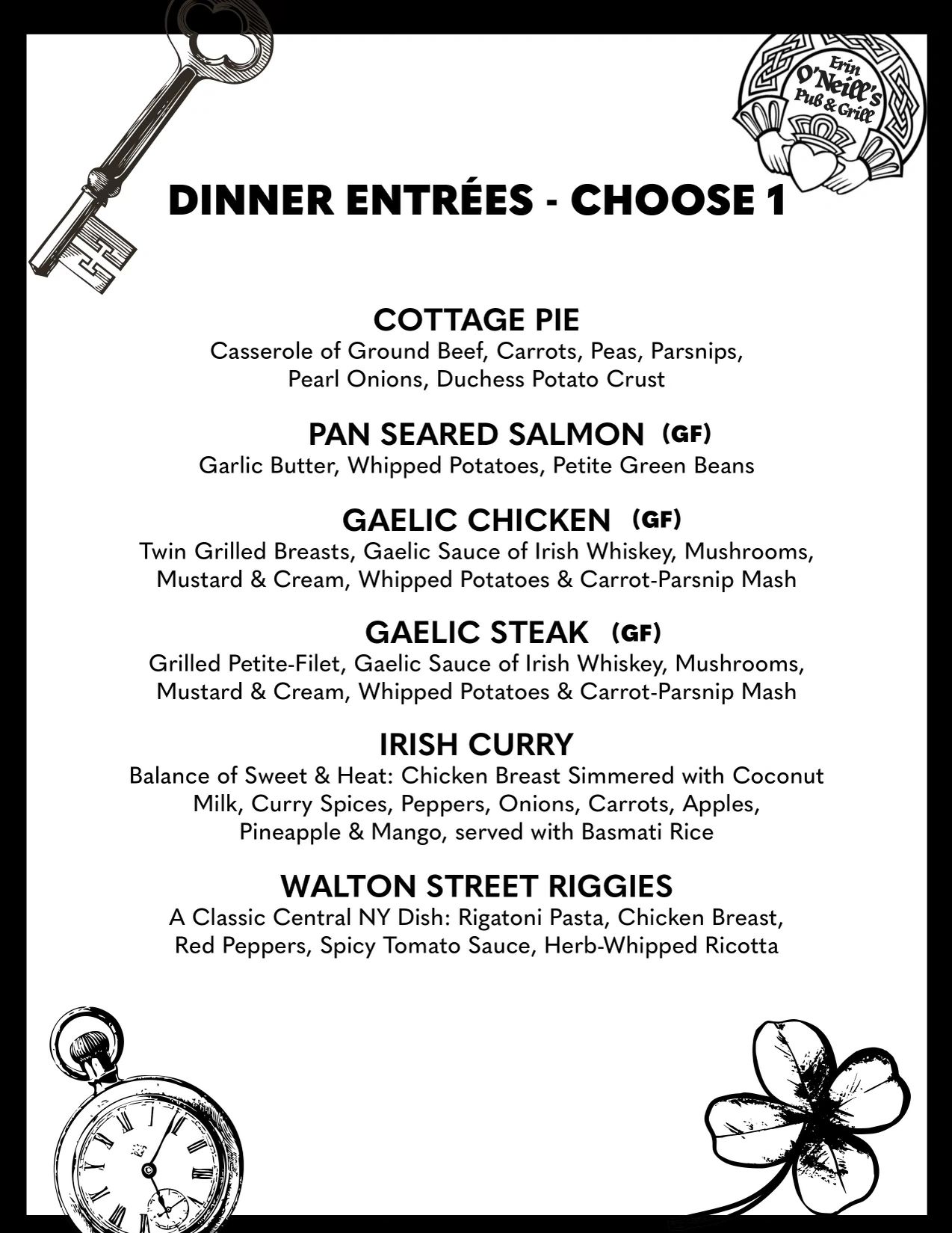 Dinner menu with six entrée options featuring Irish and classic dishes.
