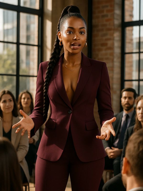Confident Black female coach leads a high-end workshop on identity, alignment, and embodiment.
