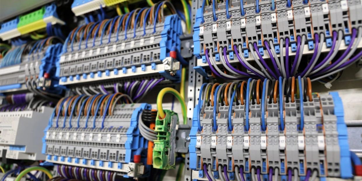 Close-up of organized electrical wiring and terminal blocks in a control panel.