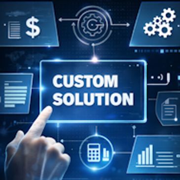 Hand pointing at digital screen with "Custom Solution" text.