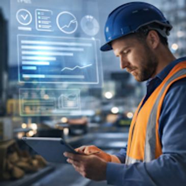 Worker using tablet with digital data overlays in industrial setting.