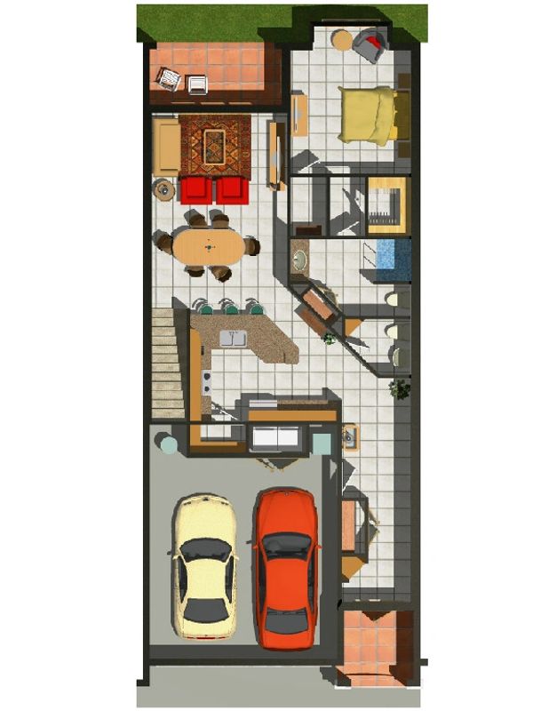 Top-down view of a detailed house floor plan with garage, kitchen, living room, dining area, bedroom, and bathroom.