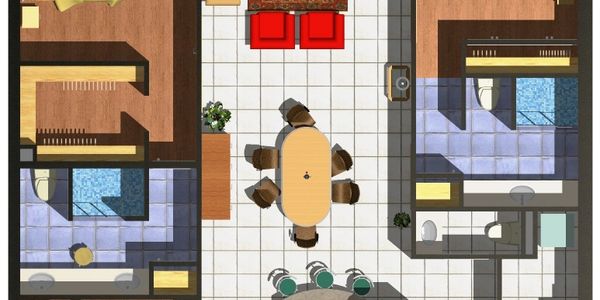 Top-down view of a modern apartment floor plan with furniture and rooms.