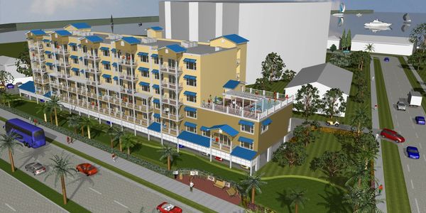 3D rendering of a multi-story residential building with surrounding roads and greenery.