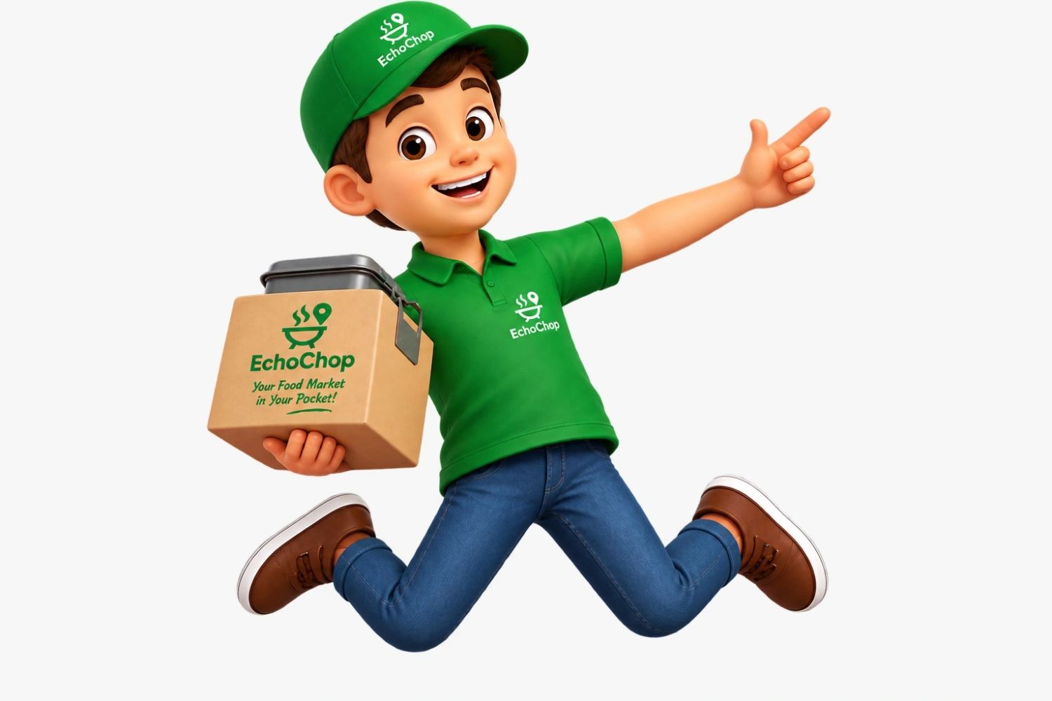 Nico, EchoChop’s cheerful mascot carrying a branded food package