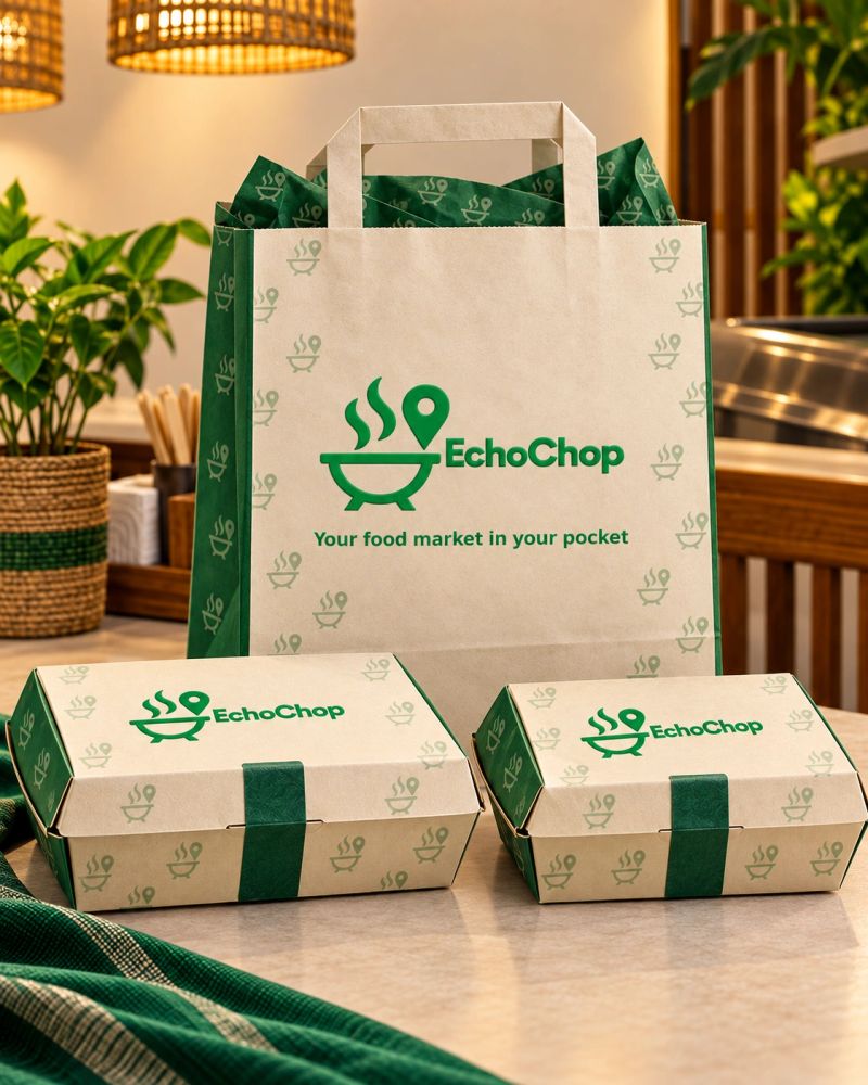 EchoChop’s cream and deep-green food bags and takeaway boxes