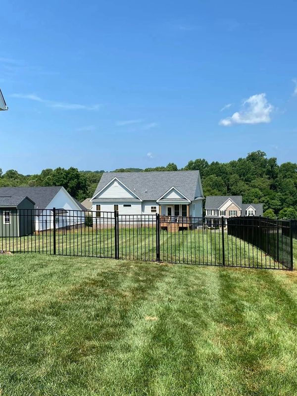 Suburban backyard with black metal fence and houses under a clear blue sky.