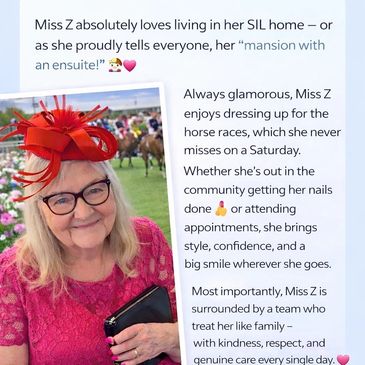 Miss Z enjoys glamorous horse races and community activities with confidence and a big smile.