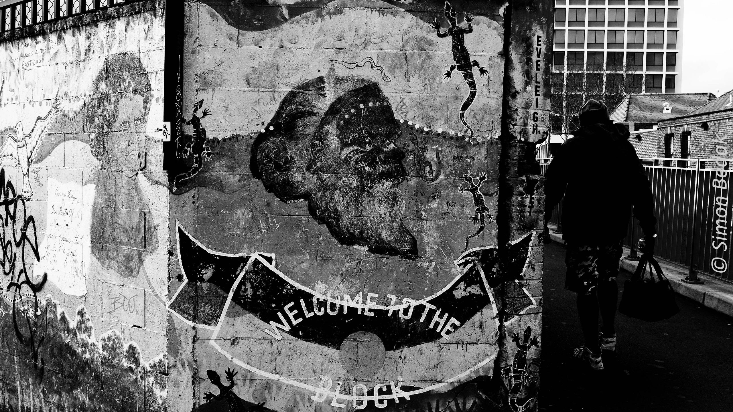 Black and white mural with portraits and lizards on a street wall.