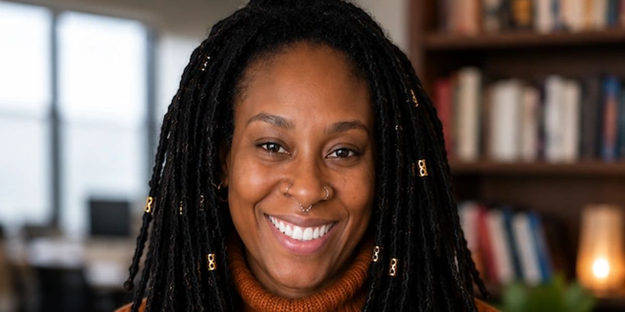 Smiling woman with long dreadlocks and facial piercings in a cozy indoor setting.