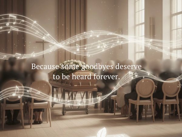 A musical funeral tribute with the phrase, "Because some goodbyes deserve to be heard forever."