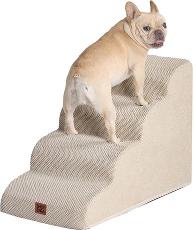 French Bulldog on beige pet stairs.