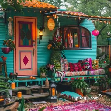 Colorful bohemian-style porch with vibrant cushions and decorative lights.