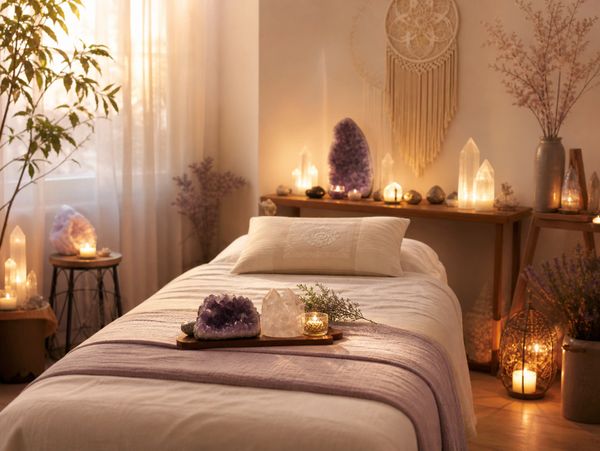 A serene spa room with crystals, candles, and soft lighting creating a calming ambiance.