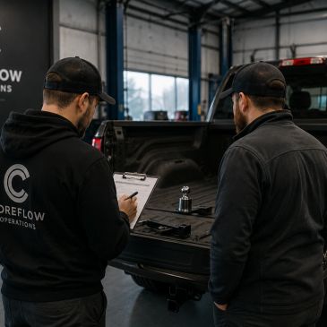 Two men inspecting truck bed inside a garage.