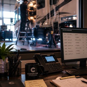Office desk with a computer and phone in a vehicle repair shop.