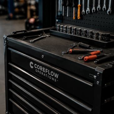 Toolbox with tools on top in a workshop.