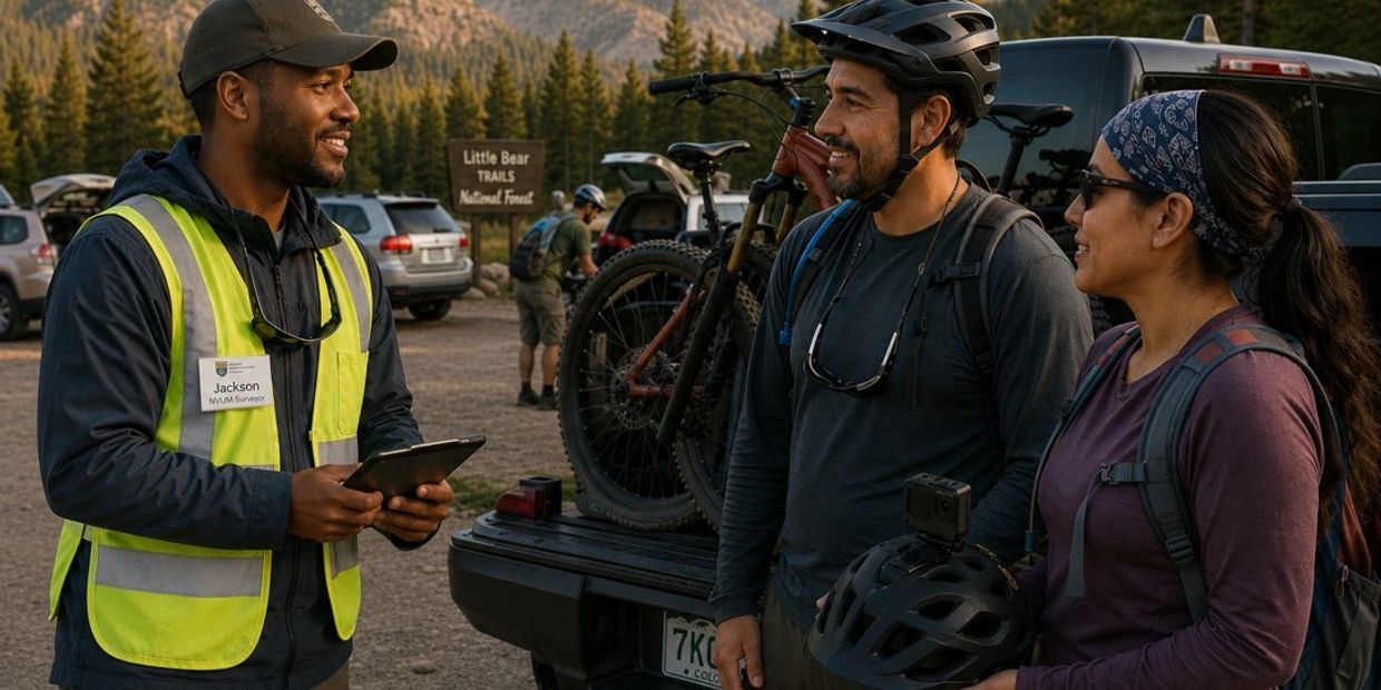 Surveyor talking to two mountain bikers at a trailhead parking lot.