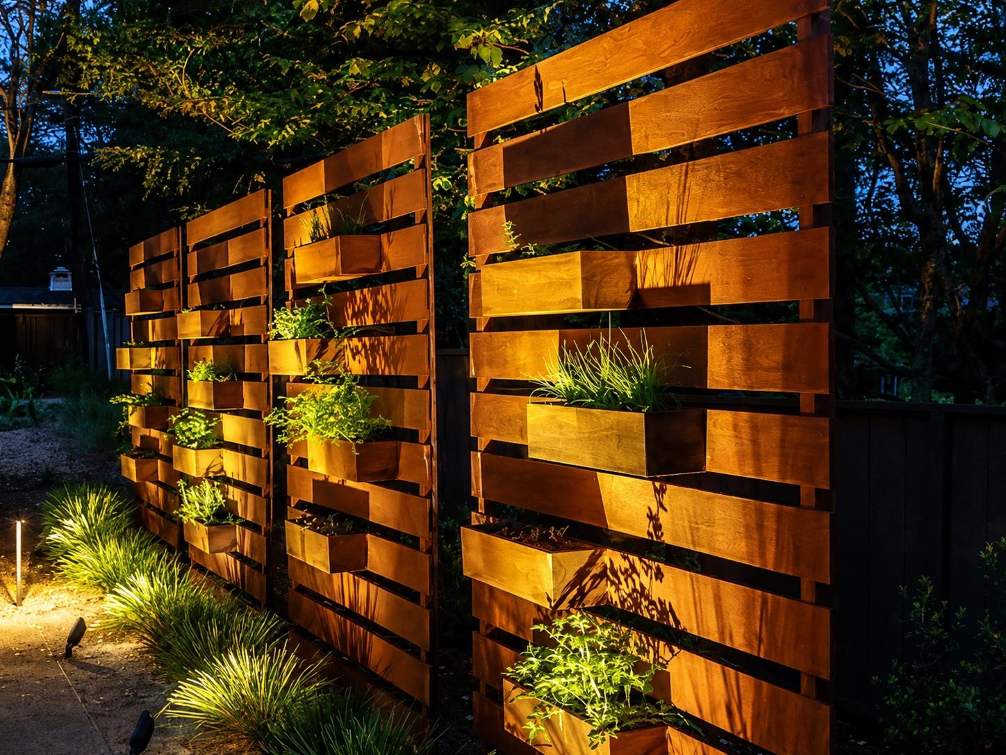 Wooden garden walls with plants lit at night.