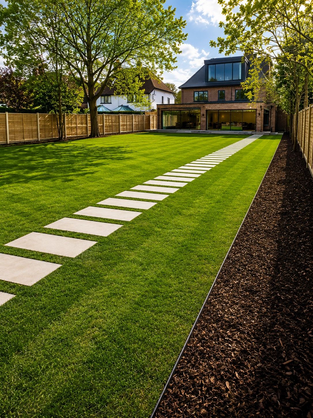 Modern house with a large green lawn and stone pathway.