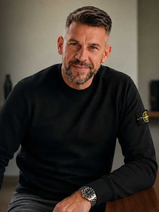 Smiling man in a black sweater sitting at a table.
