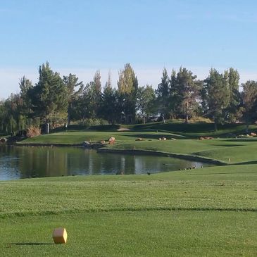 A golf course with a water hazard and trees under a clear sky.