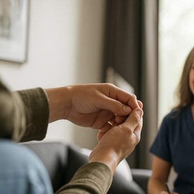 A person sharing their story during a therapy session with a smiling therapist.