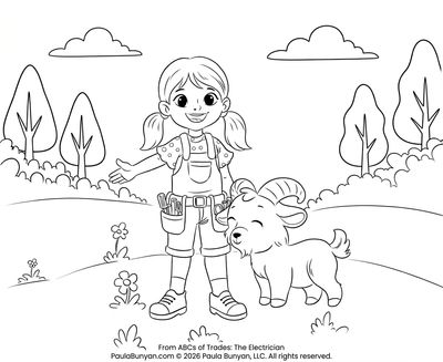 A cheerful girl electrician with a goat in a nature setting.