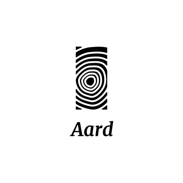 Black fingerprint design above the word 'Aard' on a white background.