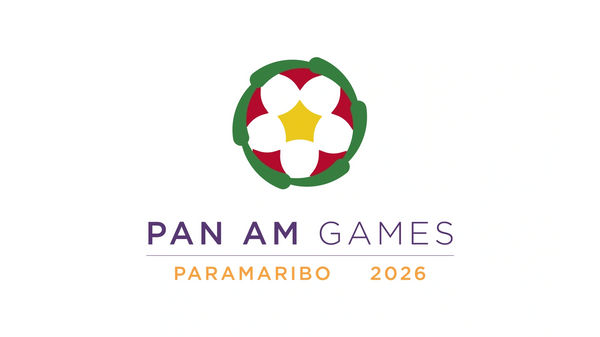 Logo of the Pan Am Games Paramaribo 2026 with colorful floral design.