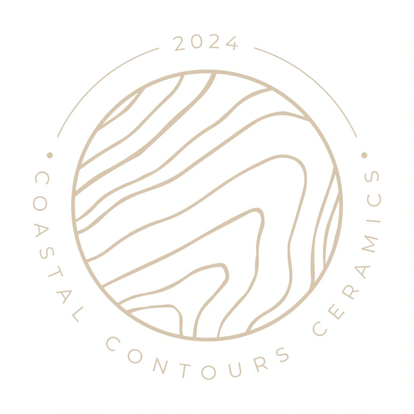 Minimalist logo with wood grain design and text 'Coastal Contours Ceramics 2024'.