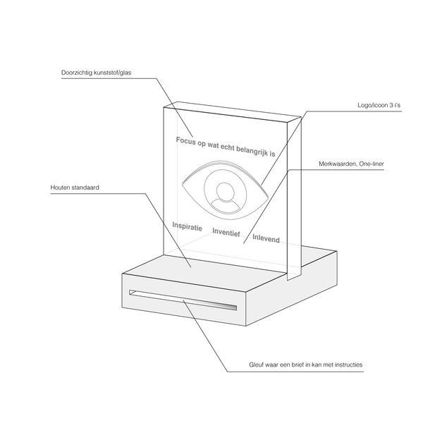 Schematic of a transparent plaque with wooden base and logo with values.