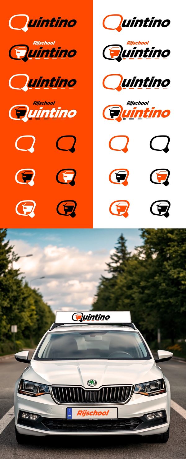 Logo designs and branding for Quintino driving school on car and background.