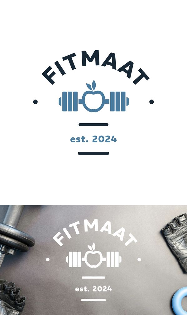 Fitness logo featuring an apple and barbell with "FITMAAT est. 2024" text.