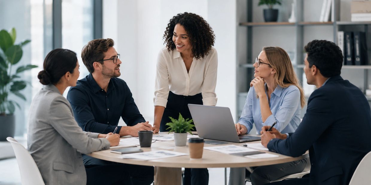 Five business professionals collaborate around a conference table in a bright modern office, engaged