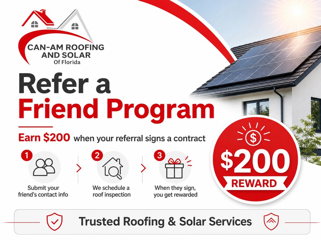 Refer a friend program with $200 reward from Can-Am Roofing and Solar.