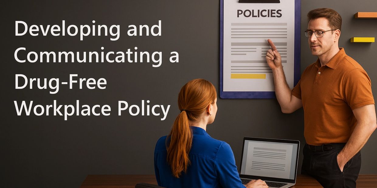 Man explaining drug-free workplace policy to a woman in an office.