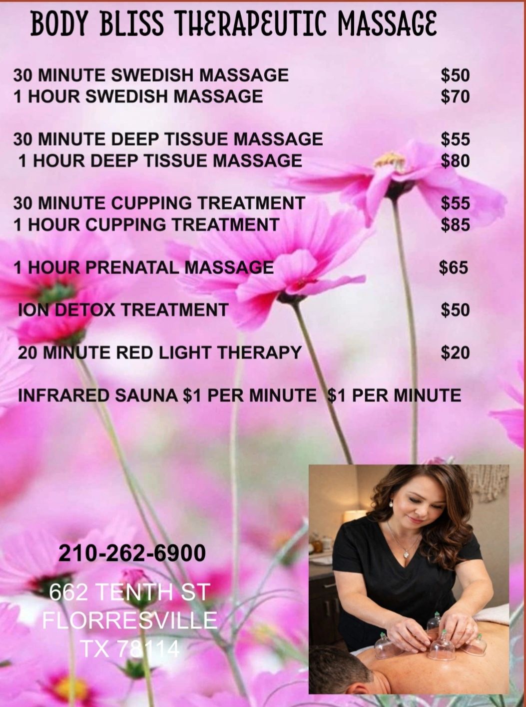 Massage and therapy services menu with prices at Body Bliss Therapeutic Massage.