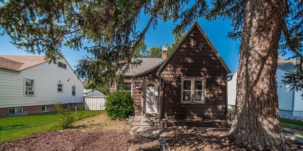 Small brown house with a large tree in front on a sunny day.