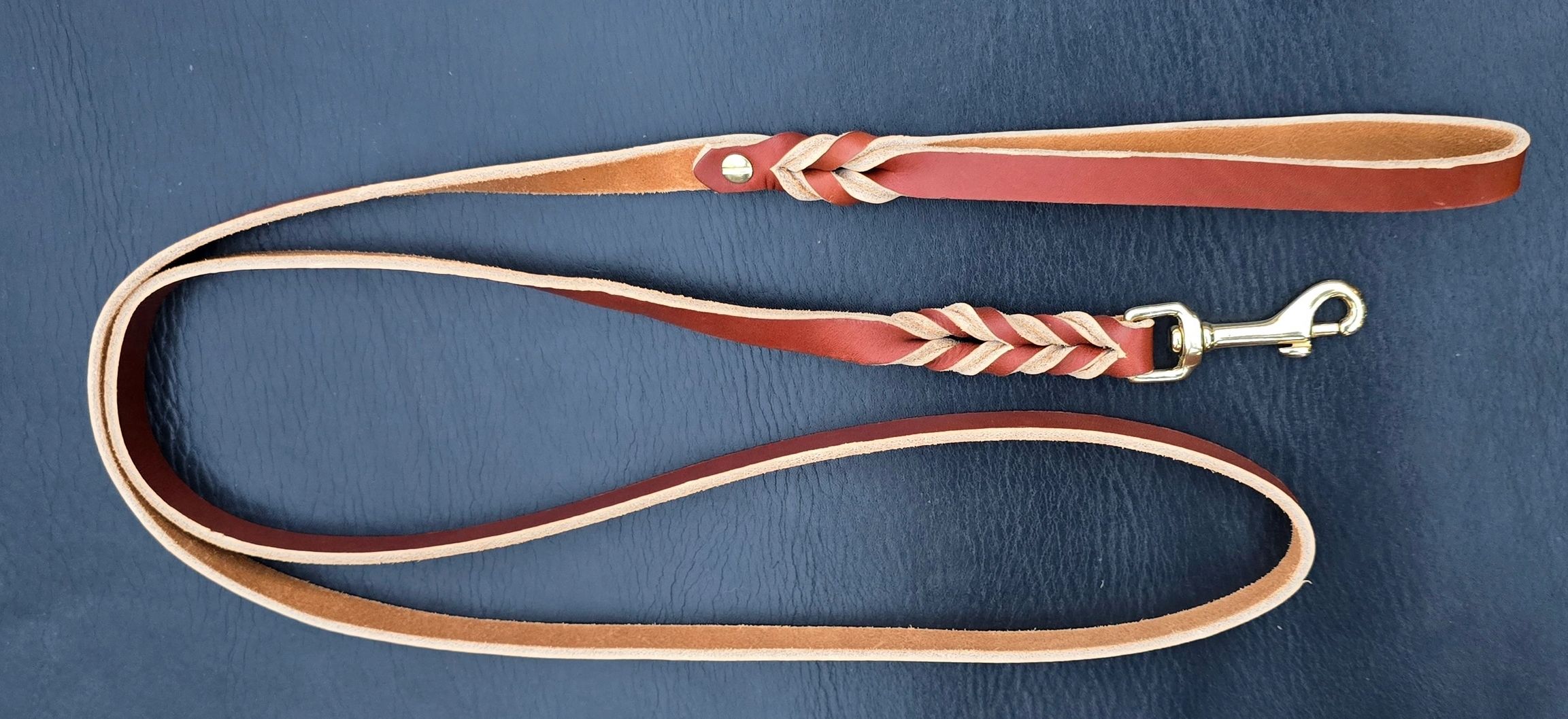 Brown leather dog leash with braided design and metal clasp on dark background.