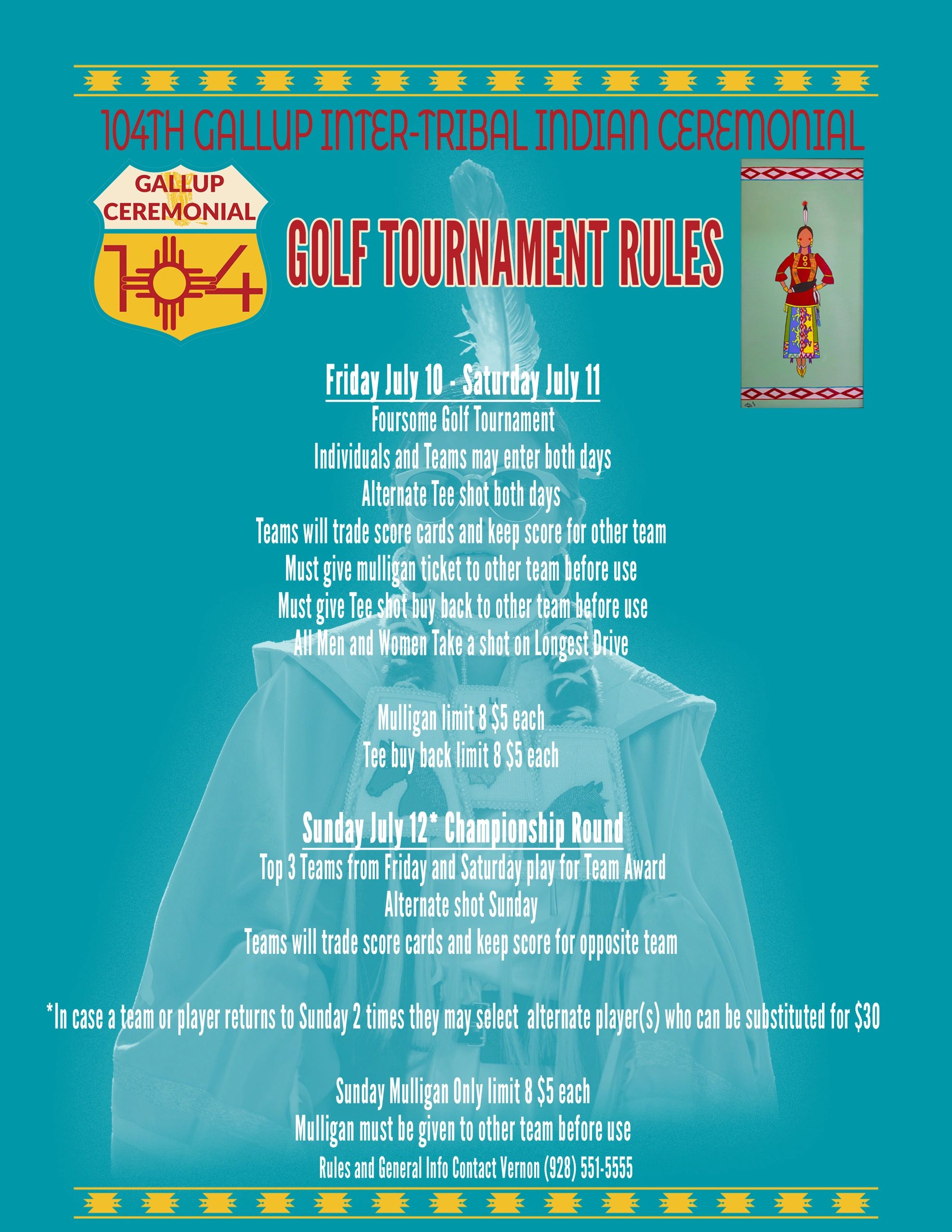 Poster for 104th Gallup Inter-Tribal Indian Ceremonial Golf Tournament rules and schedule.