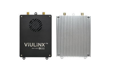 Front and back views of a ViULINX FX electronic device.
