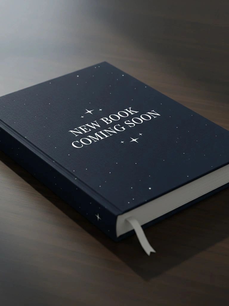A dark blue book with 'NEW BOOK COMING SOON' written on the cover.