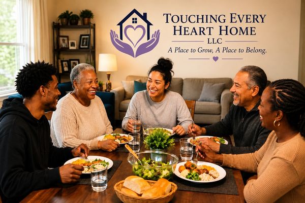 A diverse family enjoying a meal together in a warm home setting.