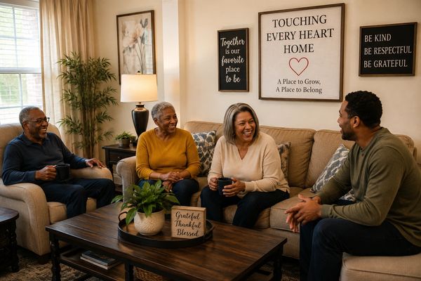 Residents and staff sharing conversation in a welcoming Touching Every Heart Home community living s