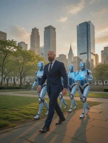 Man in suit walking with three humanoid robots in a city park.