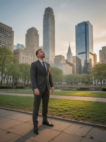 Man in black suit standing in city park at sunset.