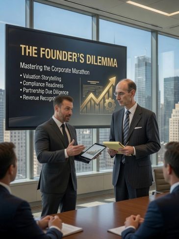 Businessmen discuss corporate strategies in a high-rise meeting.
