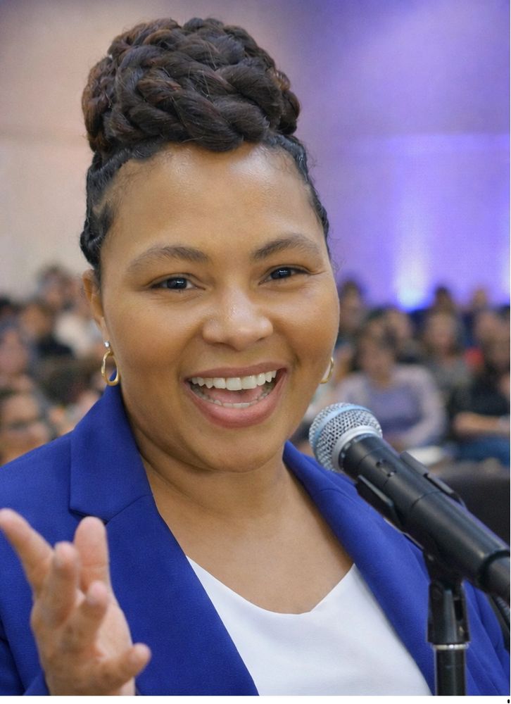 Woman speaking confidently into a microphone at an event.